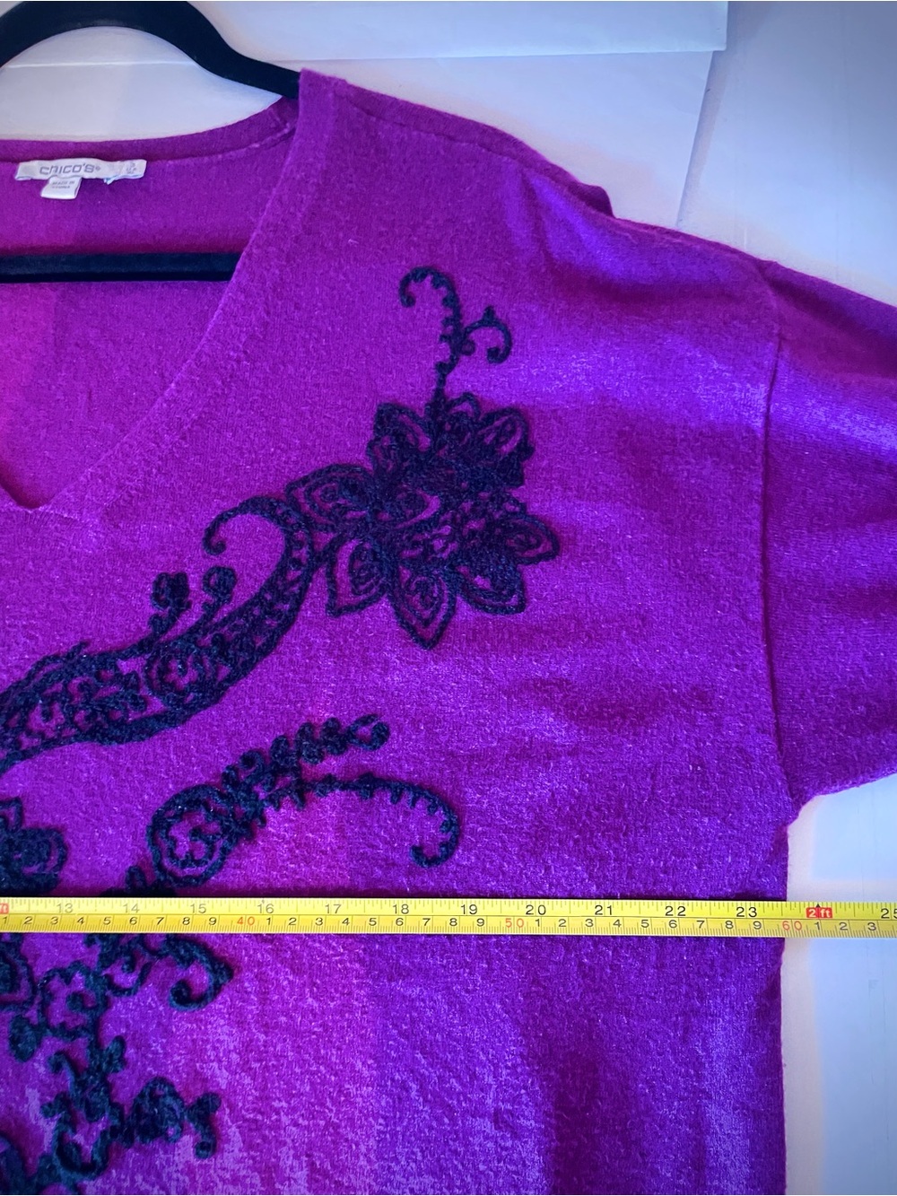 Chicos Purple V Neck Sweater Tunic Top Rayon Blend Cashmere Embroidery sz 3 XL - Picture 13 of 14